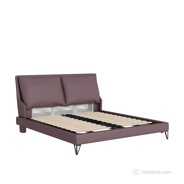 Modern Double Bed With Leather Headboard Two Cushioned Headrests And Metal Legs 3d model 