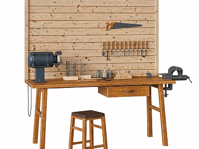 Wooden Workbench Setup With Hanging Tools Drill Press And Stool On Wooden Wall 3d model