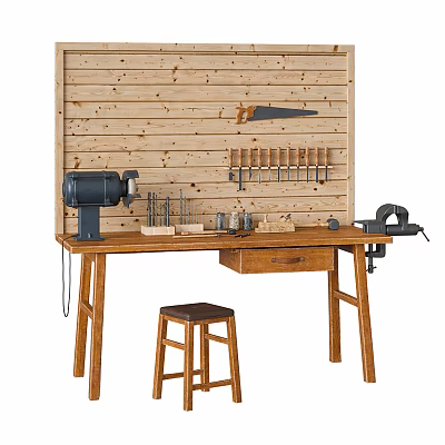 Wooden Workbench Setup With Hanging Tools Drill Press And Stool On Wooden Wall 3d model