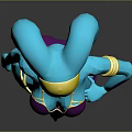 Blue Skinned Game Movie Character With Double Bun Hairstyle Purple Yellow Outfit And Golden Accessories