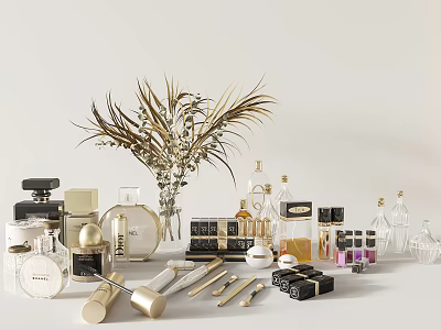 Luxury Perfume Cosmetics Collection with Elegant Bottles Lipsticks and Skincare Jars 3d model