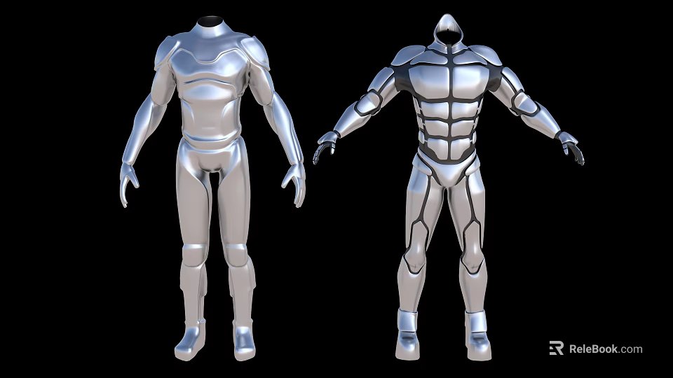 Silver Metallic Game Movie Character Costume Design With Muscular Armor And Detailed Lines 3d model 