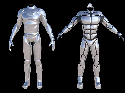 Silver Metallic Game Movie Character Costume Design With Muscular Armor And Detailed Lines 3d model