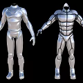 Silver Metallic Game Movie Character Costume Design With Muscular Armor And Detailed Lines