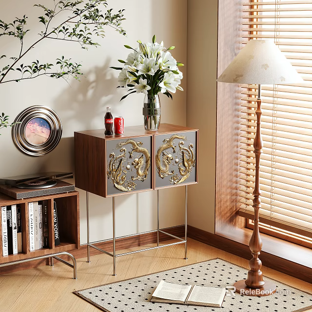Modern Wooden Console Table With Metal Legs Golden Patterns And Decorative Vase 3d model 