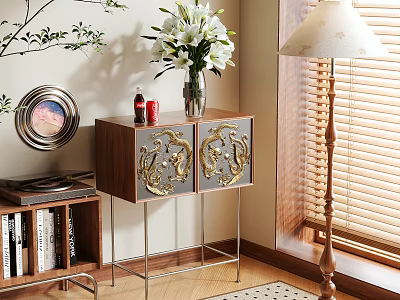 Modern Wooden Console Table With Metal Legs Golden Patterns And Decorative Vase 3d model