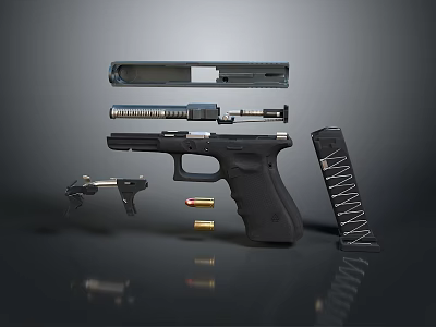 Detailed Disassembled Pistol Parts With Barrel Magazine Sight Bullets And Trigger 3d model