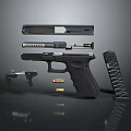 Detailed Disassembled Pistol Parts With Barrel Magazine Sight Bullets And Trigger