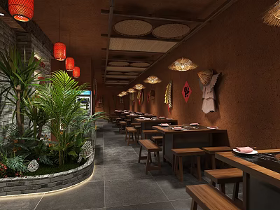 Traditional Chinese Restaurant Interior with Red Lanterns Wooden Tables Benches Green Plants and Brick Walls 3d model
