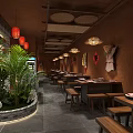Traditional Chinese Restaurant Interior with Red Lanterns Wooden Tables Benches Green Plants and Brick Walls