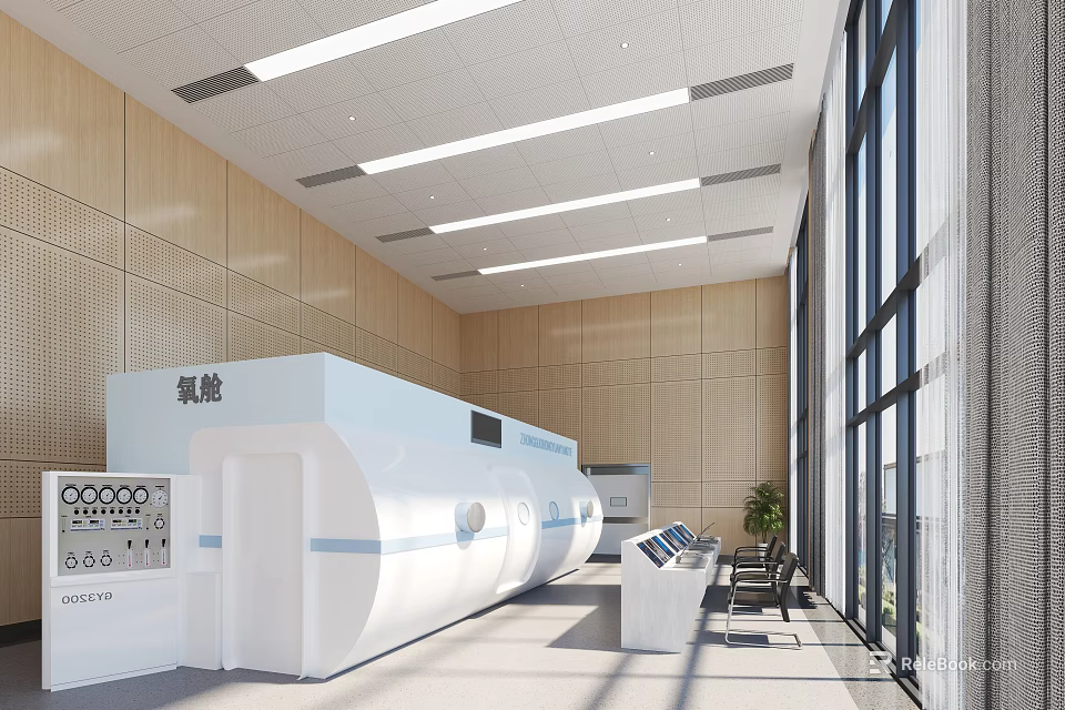 Oxygen Chamber Interior With Control Panel Wooden Wall Seating And Large Windows 3d model 