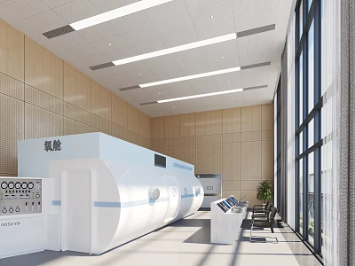 Oxygen Chamber Interior With Control Panel Wooden Wall Seating And Large Windows 3d model