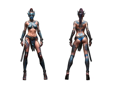 Fantasy Woman in Battle Outfit with Blue Accents Tattoos Swords High Heels Front Back Views 3d model