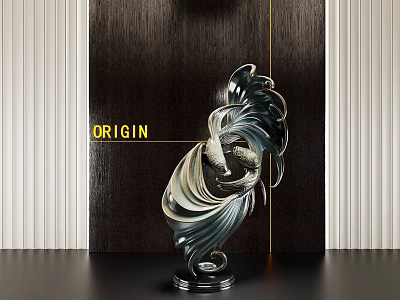 Sleek Metallic Abstract Sculpture With Curved Design And Dark Wooden Backdrop 3d model