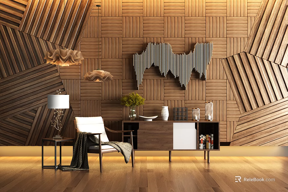 Modern Entryway Side Cabinet With Wooden Panel Wall Potted Plant And Decorative Items 3d model 