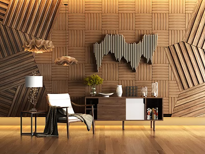 Modern Entryway Side Cabinet With Wooden Panel Wall Potted Plant And Decorative Items 3d model