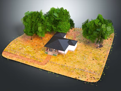 Cartoon Scene With Small House Green Trees Yellow Grass And Wooden Fence 3d model