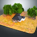 Cartoon Scene With Small House Green Trees Yellow Grass And Wooden Fence