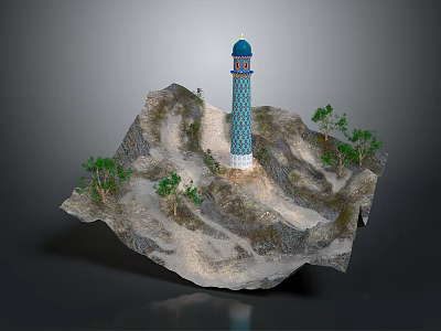 Miniature Garden Ornament With Blue White Tower Rocky Base And Small Trees 3d model