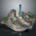Miniature Garden Ornament With Blue White Tower Rocky Base And Small Trees