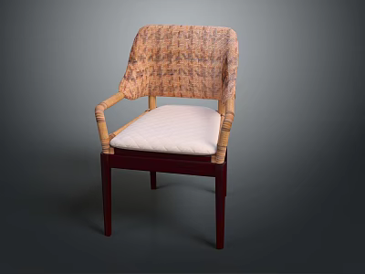 Leisure Chair with Rattan Backrest Armrests White Padded Seat and Dark Wooden Legs 3d model