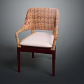 Leisure Chair with Rattan Backrest Armrests White Padded Seat and Dark Wooden Legs