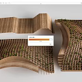 Wooden Landscape Seats With Curved Design And Grid Structure Featuring Plants