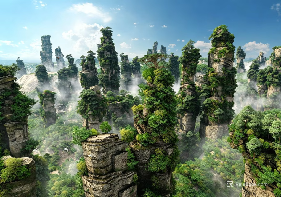 Scenic Stone Pillars With Green Vegetation Surrounded By Mist Under Blue Sky With White Clouds 3d model 