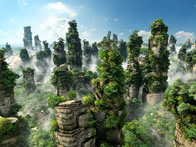 Scenic Stone Pillars With Green Vegetation Surrounded By Mist Under Blue Sky With White Clouds 3d model