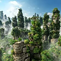 Scenic Stone Pillars With Green Vegetation Surrounded By Mist Under Blue Sky With White Clouds