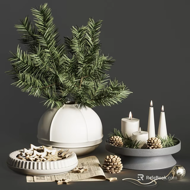Decorative Ornament Set With White Vase Green Pine Branches Candles Pine Cones And Star Decorations 3d model 