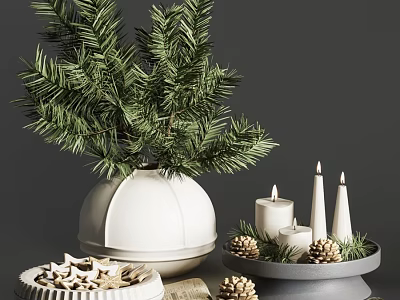 Decorative Ornament Set With White Vase Green Pine Branches Candles Pine Cones And Star Decorations 3d model