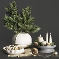 Decorative Ornament Set With White Vase Green Pine Branches Candles Pine Cones And Star Decorations