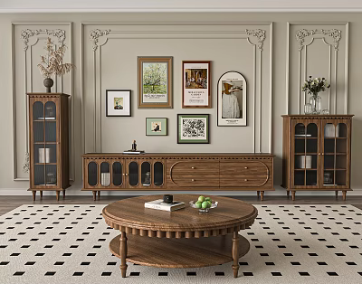 Elegant Wooden TV Stand With Wall Paintings And Display Cabinets In Classic Living Room 3d model