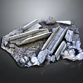 Long Shiny Silver Mineral Crystals on Rock Surface with Gray Background 3d model