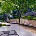 Garden Landscape Design With Lush Green Trees Stone Steps And People Resting