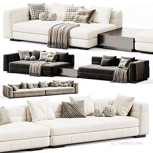Modern Upholstered Sectional Sofas In Various Colors With Decorative Pillows And Throw Blankets 3d model