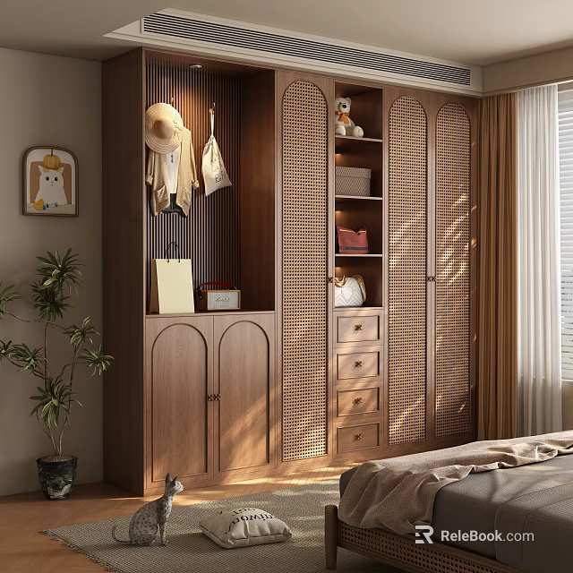 Modern Wooden Wardrobe Featuring Arched Lattice Doors Hanging Area Drawers and Storage Compartments 3d model 