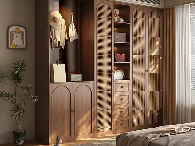 Modern Wooden Wardrobe Featuring Arched Lattice Doors Hanging Area Drawers and Storage Compartments 3d model