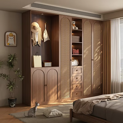 Modern Wooden Wardrobe Featuring Arched Lattice Doors Hanging Area Drawers and Storage Compartments 3d model