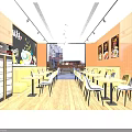 Bright Restaurant Dining Area With Menu Boards Tables Yellow Chairs Booth Seating And Orange Walls