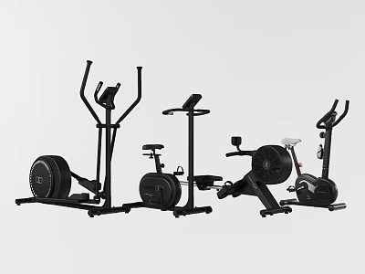 Modern Black Sports Equipment With Elliptical Trainer And Exercise Bike For Home Workout 3d model
