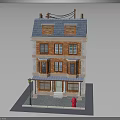 Three Story Brick Building Model With Blue Roof Windows Street Lamp And Fire Hydrant