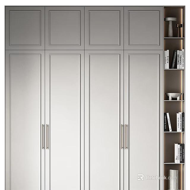 Modern White Wardrobe with Sleek Cabinet Doors Metal Handles and Side Shelves 3d model 