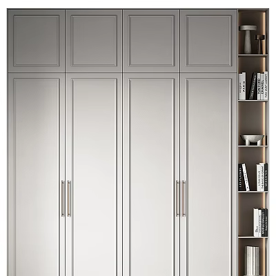 Modern White Wardrobe with Sleek Cabinet Doors Metal Handles and Side Shelves 3d model