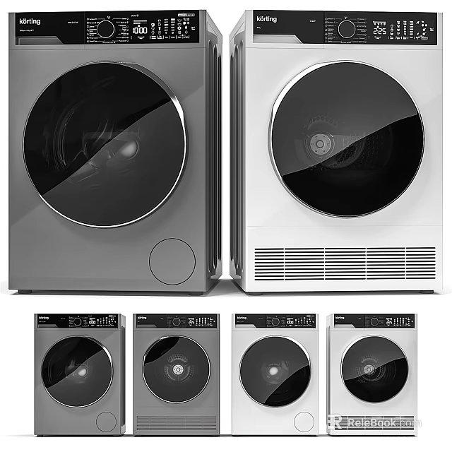 Modern Front Loading Washing Machine in Gray and White with Various Designs 3d model 
