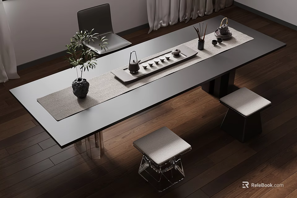 Modern Tea Table And Chairs With Teaware Tray And Small Plant Setup 3d model