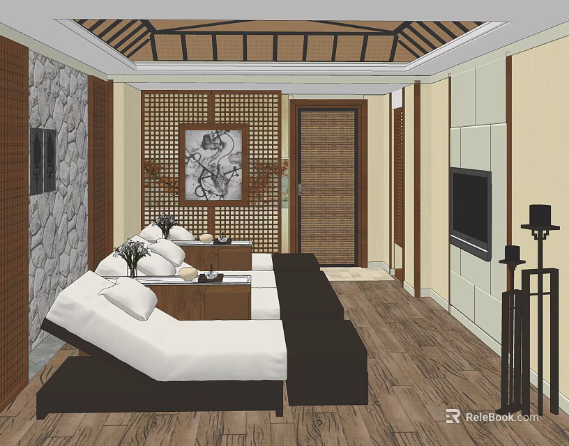 SPA Sauna Interior Design With Wooden Ceiling Stone Wall And Relaxation Beds 3d model 