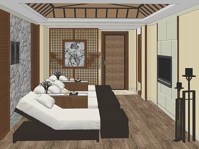 SPA Sauna Interior Design With Wooden Ceiling Stone Wall And Relaxation Beds 3d model