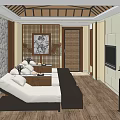 SPA Sauna Interior Design With Wooden Ceiling Stone Wall And Relaxation Beds